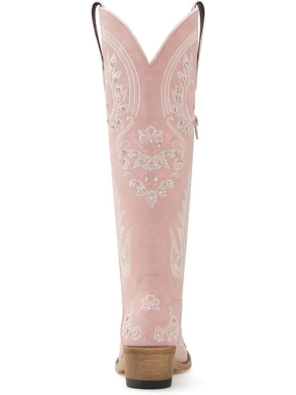 Women's Pink Knee High Embroidered Rhinestones Chunky Heel Tall Boots